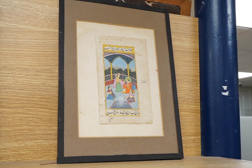 Indian Mughal style, Emperor with attendants, gouache, book plate with Islamic inscription, 19 x 11cm